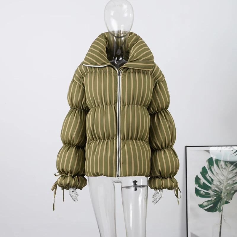 2025 nova senhora quente outwearloose listrado algodão acolchoado casaco feminino inverno zíper lanterna manga rendas turn down collar jaqueta