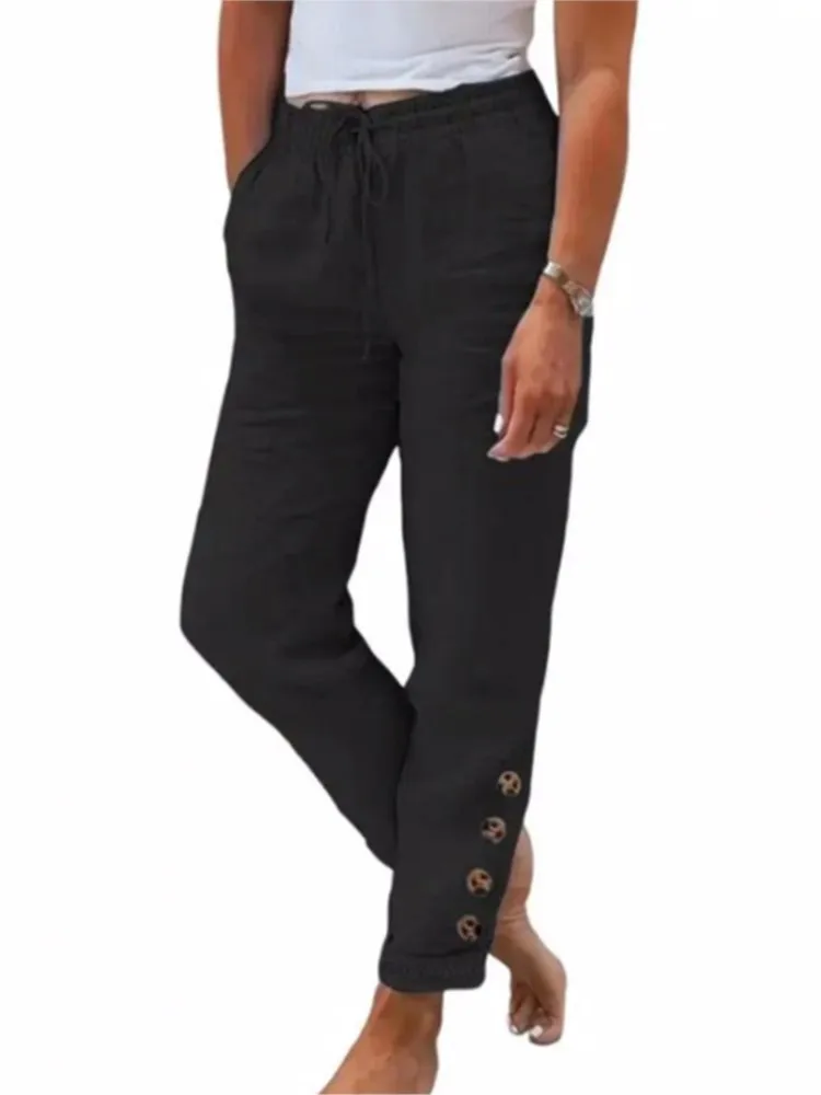 Women Spring Autumn Breathable Cotton Linen Buttons Trendy Pants Elastic Waist Straight Leg Solid Female Casual Baggy Trousers