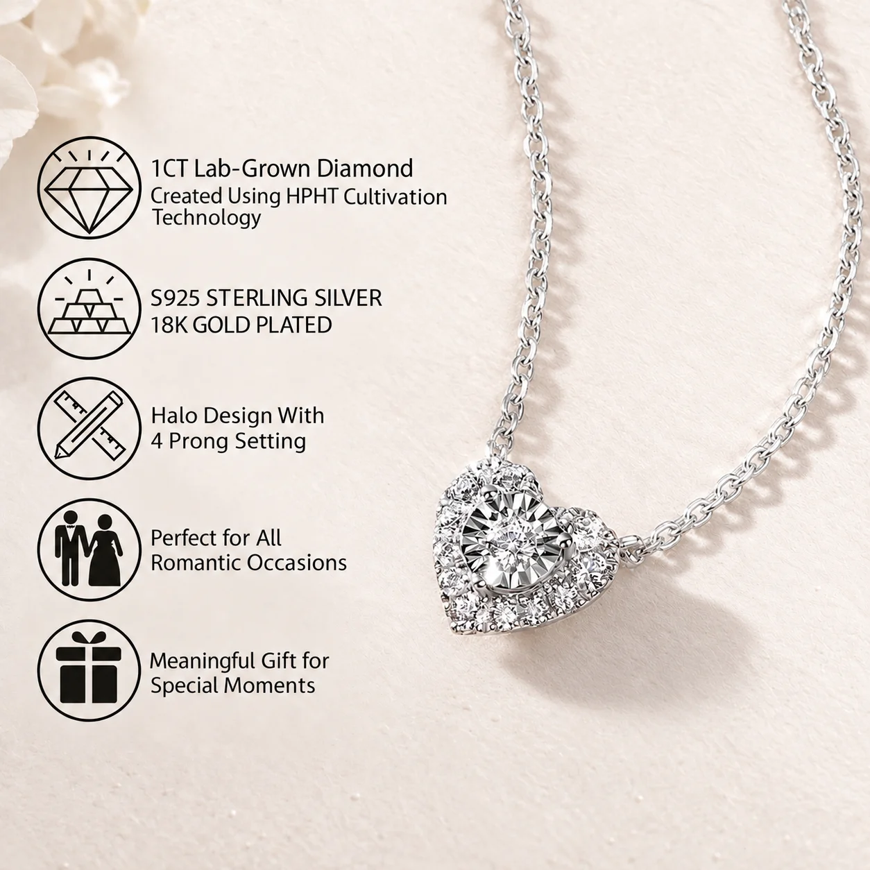 TONGLIN 1CT Lab Grown Diamond Heart Halo Pendant Necklace for Women S925 Sterling Silver 18K Gold Plated Wedding Bridal Jewelry