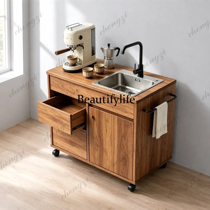 Birch removable middle island cabinet with sink dining table household water bar table with wheel storage side cabinet