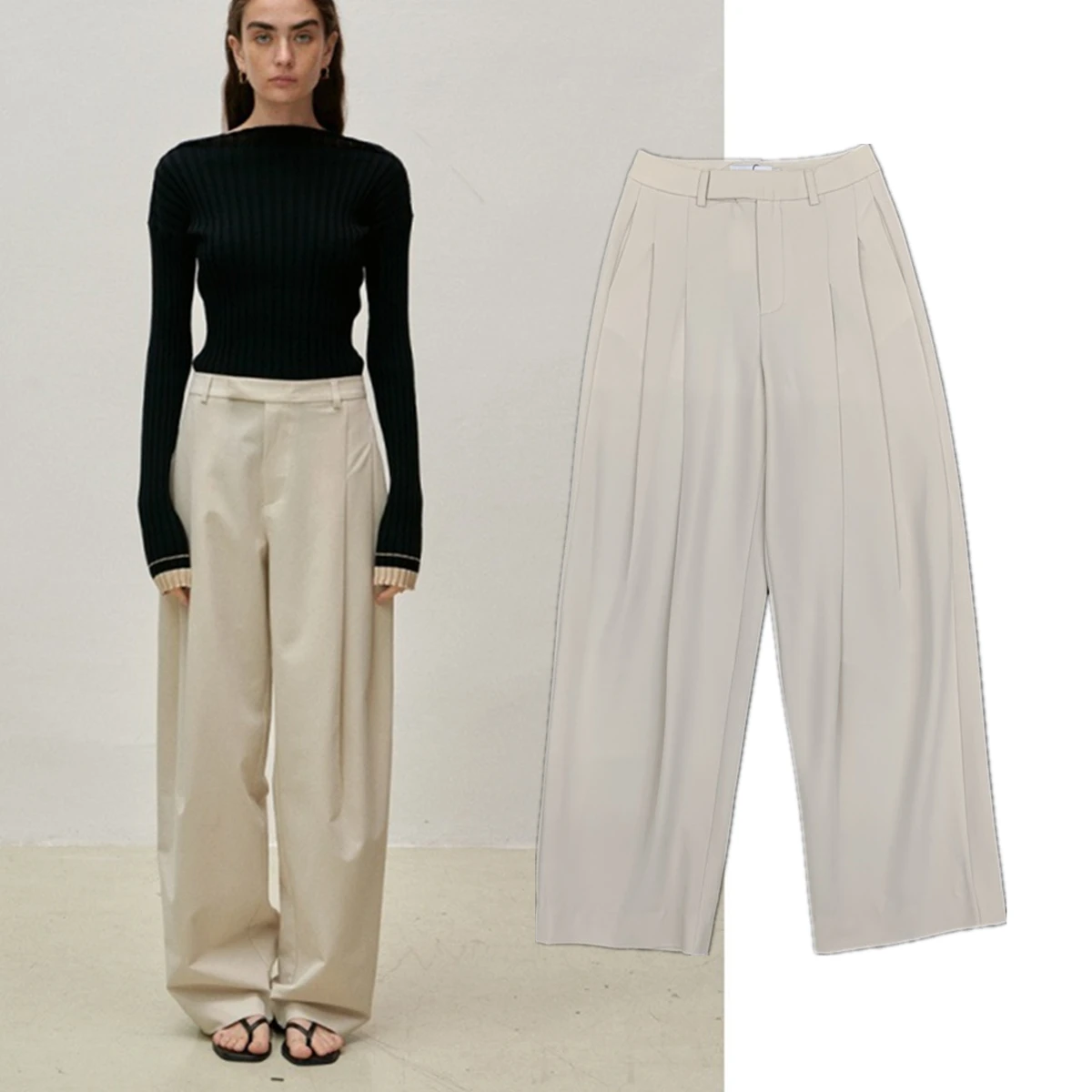 

Maxdutti French Style Fashionable Buckle Loose Wide Leg Pants Women's Pants Minimalist Pleated Straight Casual Pants Trousers