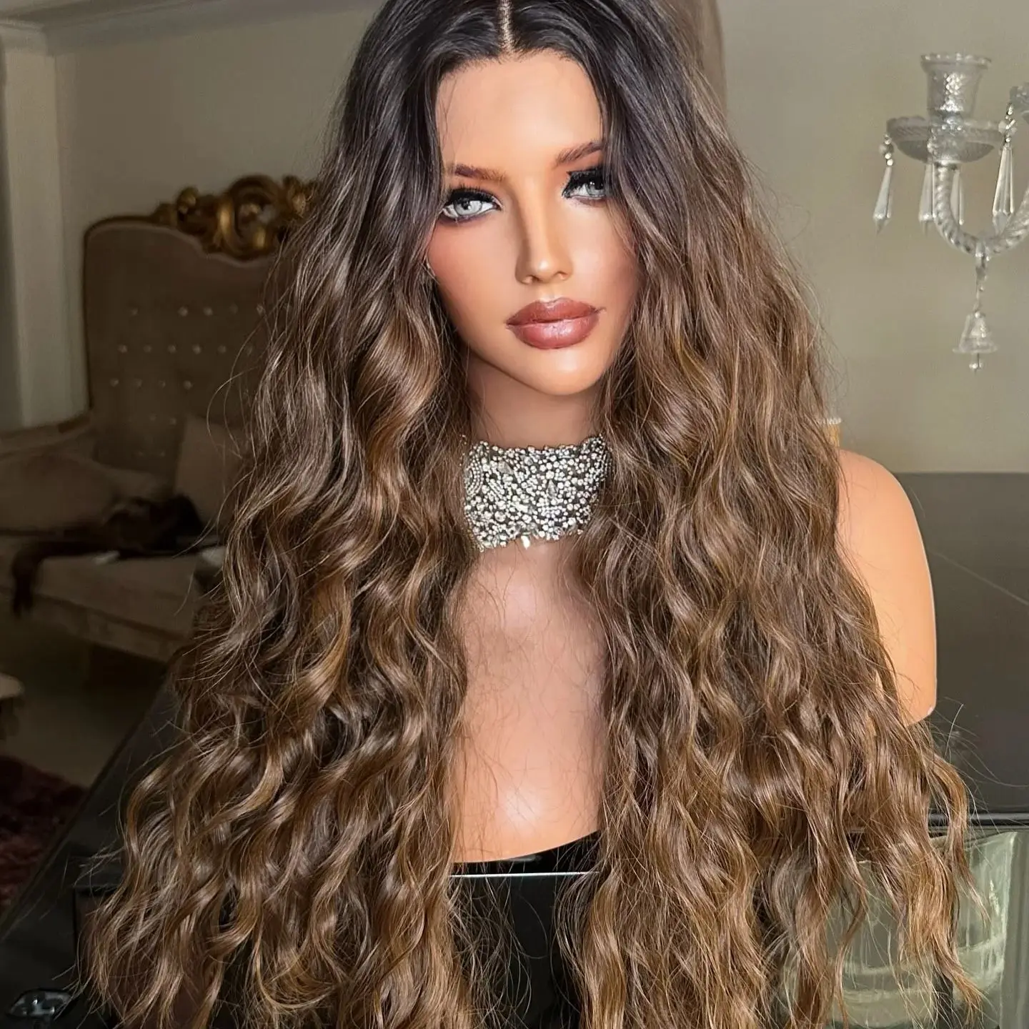 

32 Inch New Style Ombre Brown Balayage Luxury Synthetic Lace Front Wig for Women Soft Glueless Pre Plucked Natural Hairline Wig