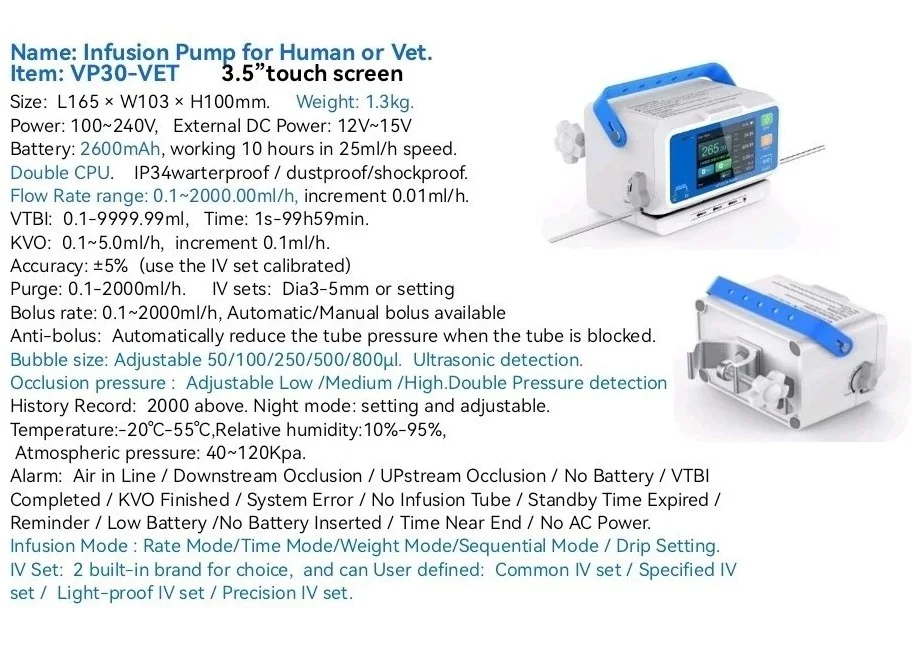 High-Flow Rate Range For Human or Vet Infusion Pump 3.5”Colorful Touch Screen DPS Dynamic Pressure Monitoring Real-time Display