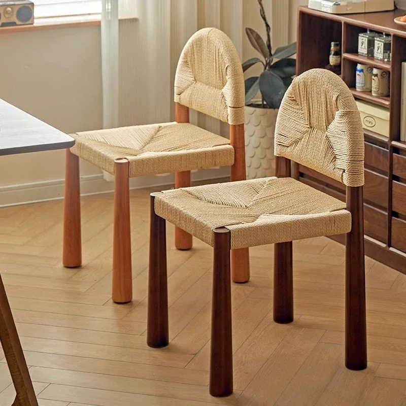 

MOMO Dining Chair Vintage Solid Rattan Chair Woven Single Seat Minimalist Cream Style Design Model Furniture Backrest