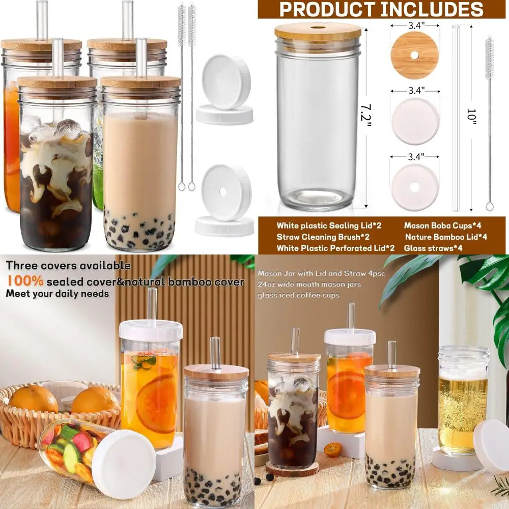 

glass cups with lids and straws,24 oz smoothie cup with lid and straw-boba mason jar,wide mouth reusable drinking glasses,iced