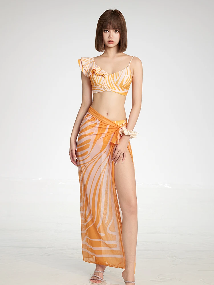 

High Waist Bikini Women's New Style Separate Leaf Print Thermal Spring Three Piece Set Swimming Suit Water Sportswear