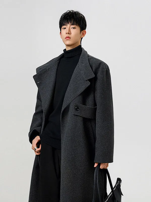 

Korean Sle Overcoat Men's Woolen Coat oulder Pad Mid-Length Knee-Length Button Decorated Warmth Youth Faion Winter Coat