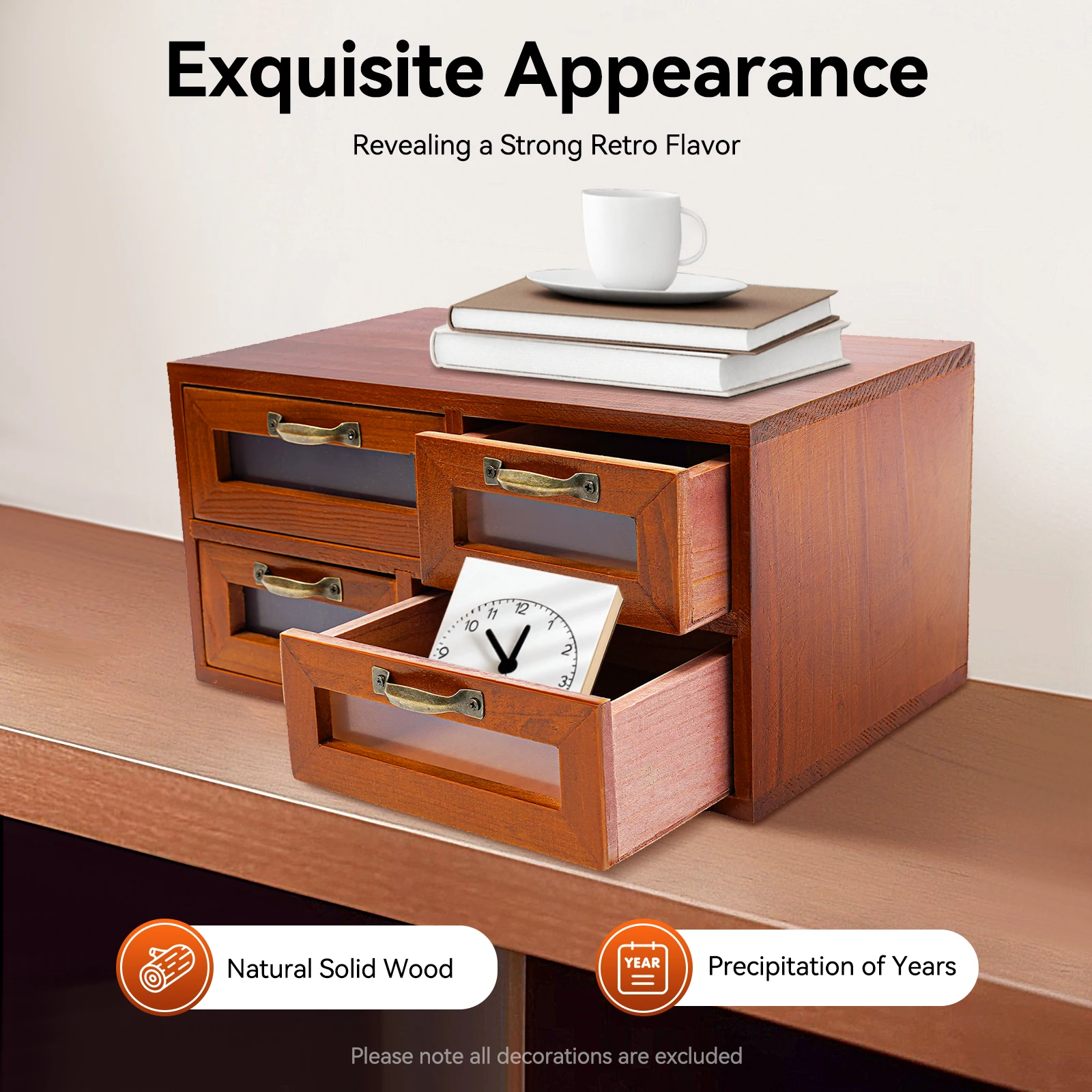 

Retro Elegance Wooden Storage Box 4 Pieces of 4-Drawer Wooden Multi Drawer Storage Organizer Desktop Drawer Organizer