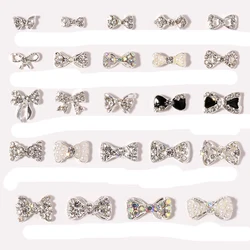 10pcs Diamond Bowknot Nail Charm 3D Shiny Pearl Crystal Silver Alloy Edging Bow Ribbon Nail Jewelry Cute DIY Nail Decor Parts