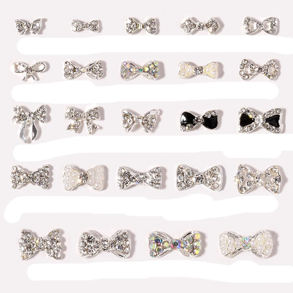 10szt Diamond Bowknot Nail Charm 3D Shiny Pearl Crystal Silver Alloy Edging Bow Ribbon Nail Jewelry Cute DIY Nail Decor Parts