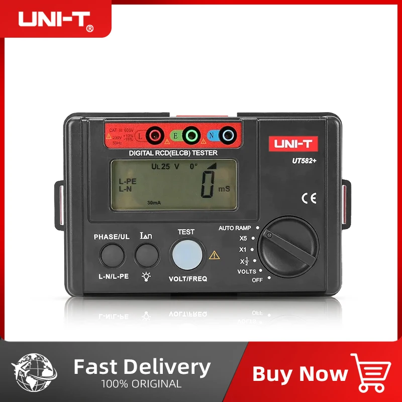 UNI-T UT582+ Digital RCD (ELCB) Tester AUTO RAMP Leakage Circuit Breaker Meter with Mis-Operation Buzzer