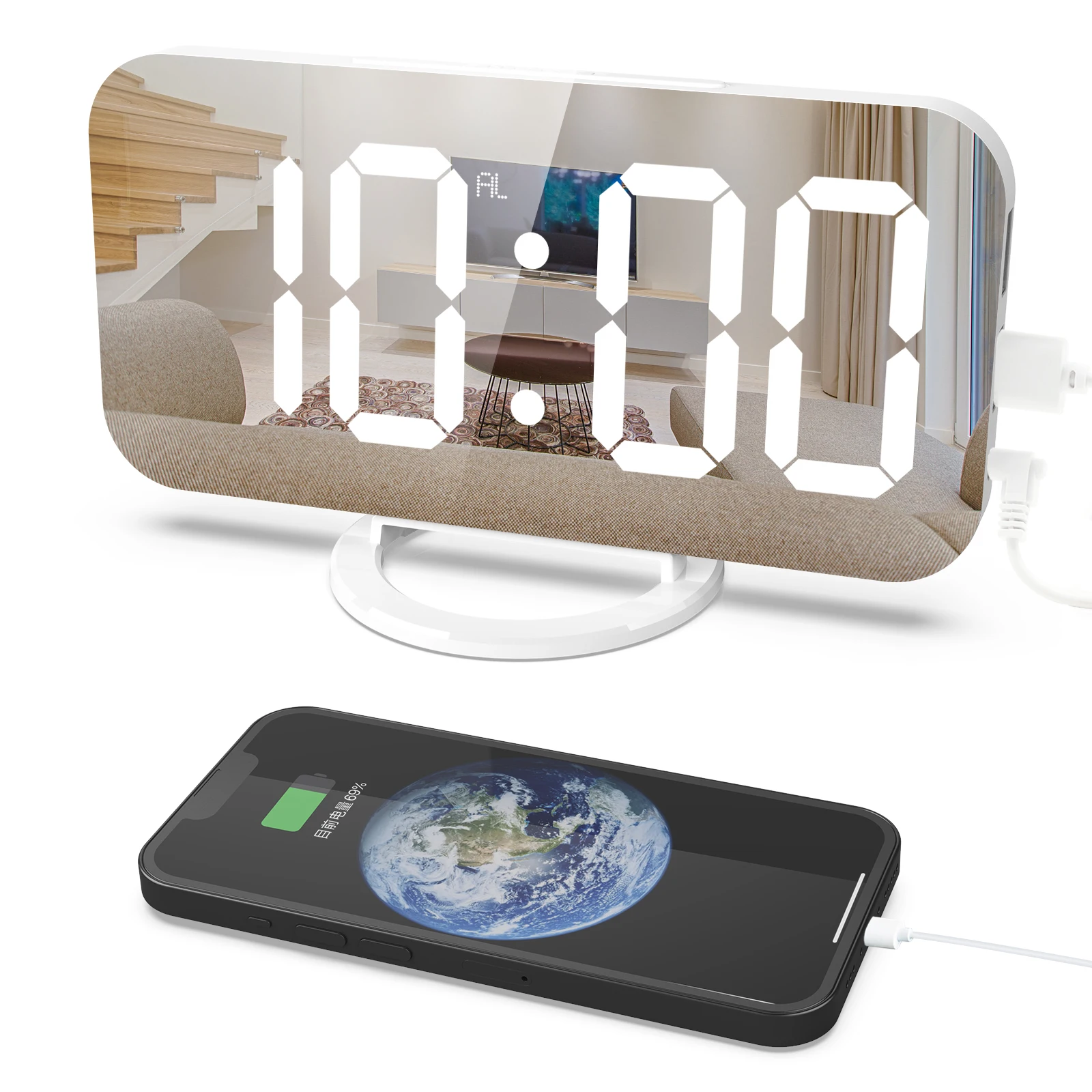 Digital Alarm Clock Electronic Smart Large LED Display Mirror Snooze Time Table Desk 2 USB Charger Ports for Iphone Android