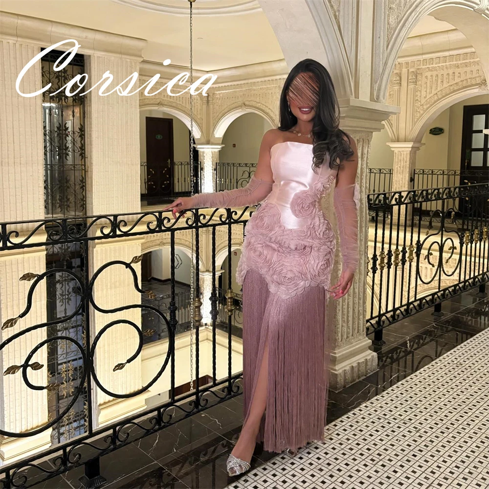 Sukienka wieczorowa z różowego satyny na zamówienie, klasyczna bez ramiączek, bez rękawów, sukienka na powrót do domu, luksusowa sukienka na studniówkę z kwiatami i frędzlami.