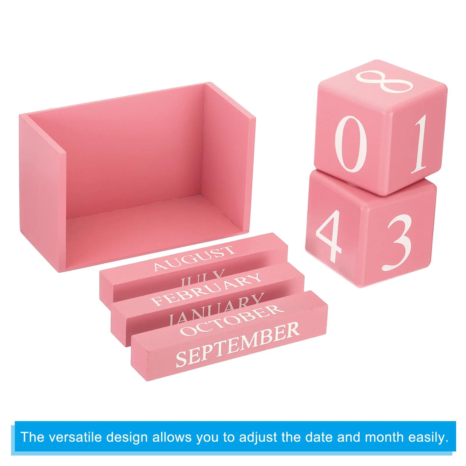 ヴィンテージ木製ブロック永久カレンダー、再利用可能な木製月日表示ブロック、デスクオフィスホームデコレーション用、6.1インチ、ピンク