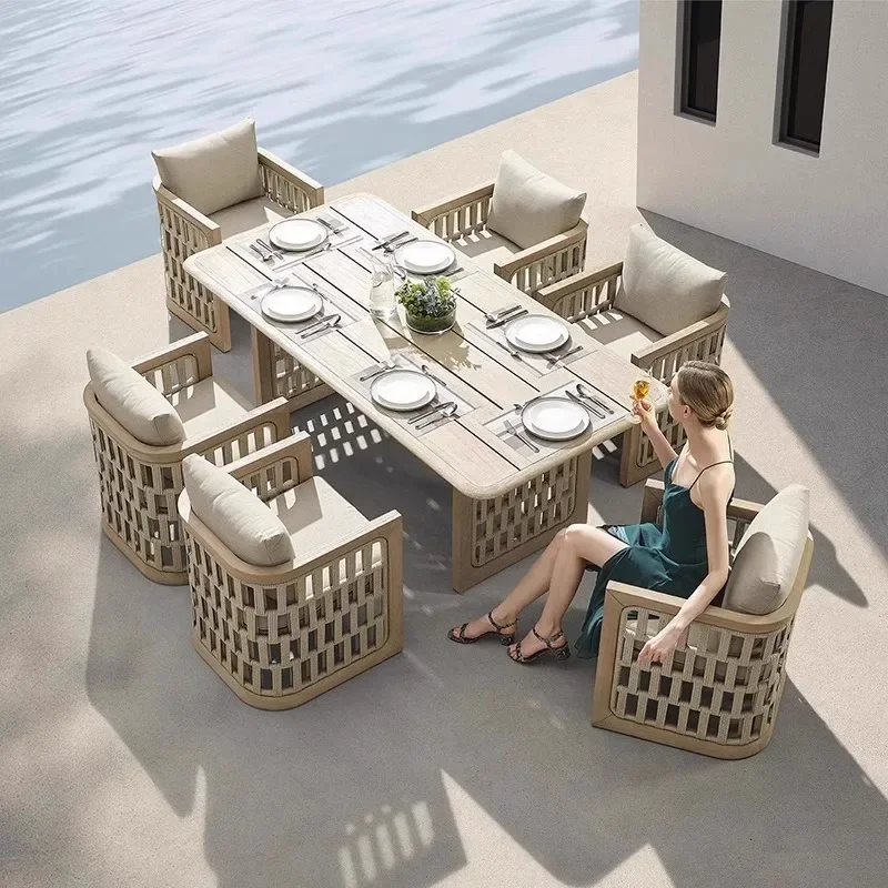 Outdoor teak table and chair combination villa garden open roof leisure long table outdoor sun room furniture