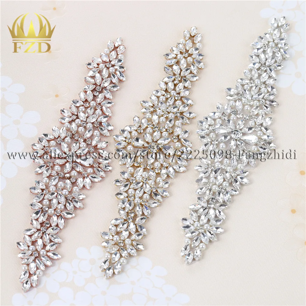 (1 piece) Wedding Rhinestones Applique Crystal Hot Fix Rose gold Clear Rhinestones Designs for Bridal Sash or DIY Wristbands