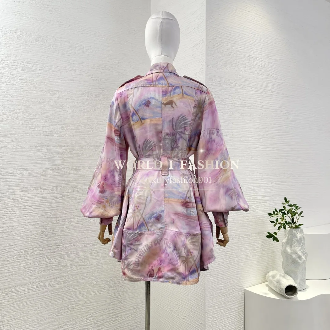 

2025 High Quality Pink Beach Style Long Sleeve Coconut Tree Print Women Holiday Mini Dress