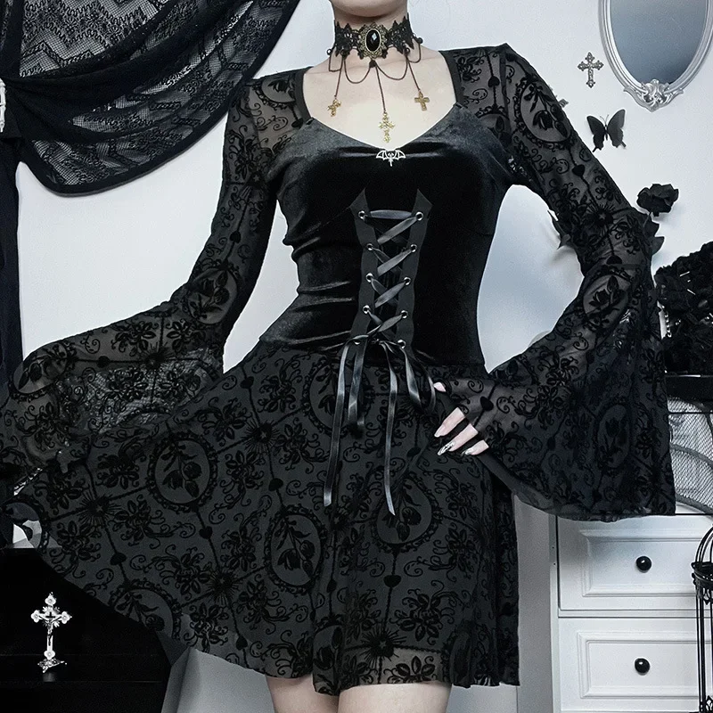 Medieval Gothic Style Dark Bell Sleeve Mesh Flocking Long Sleeve Mini Dress Women's A-Line Skirt Halloween Costume Cosplay