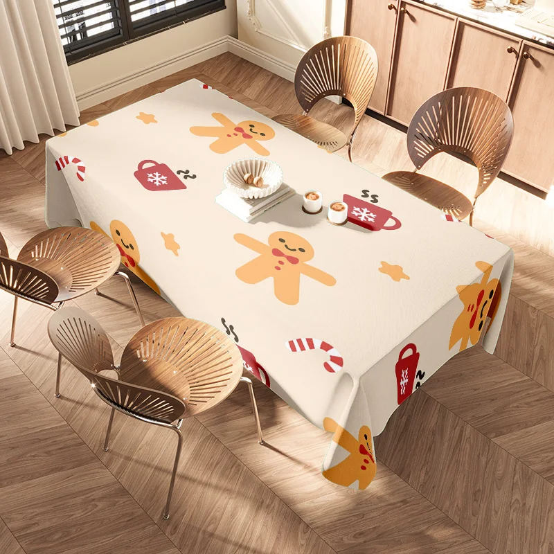 Modern Christmas-themed tablecloth with cute gingerbread man pattern suitable for dining room decor beige color available in var