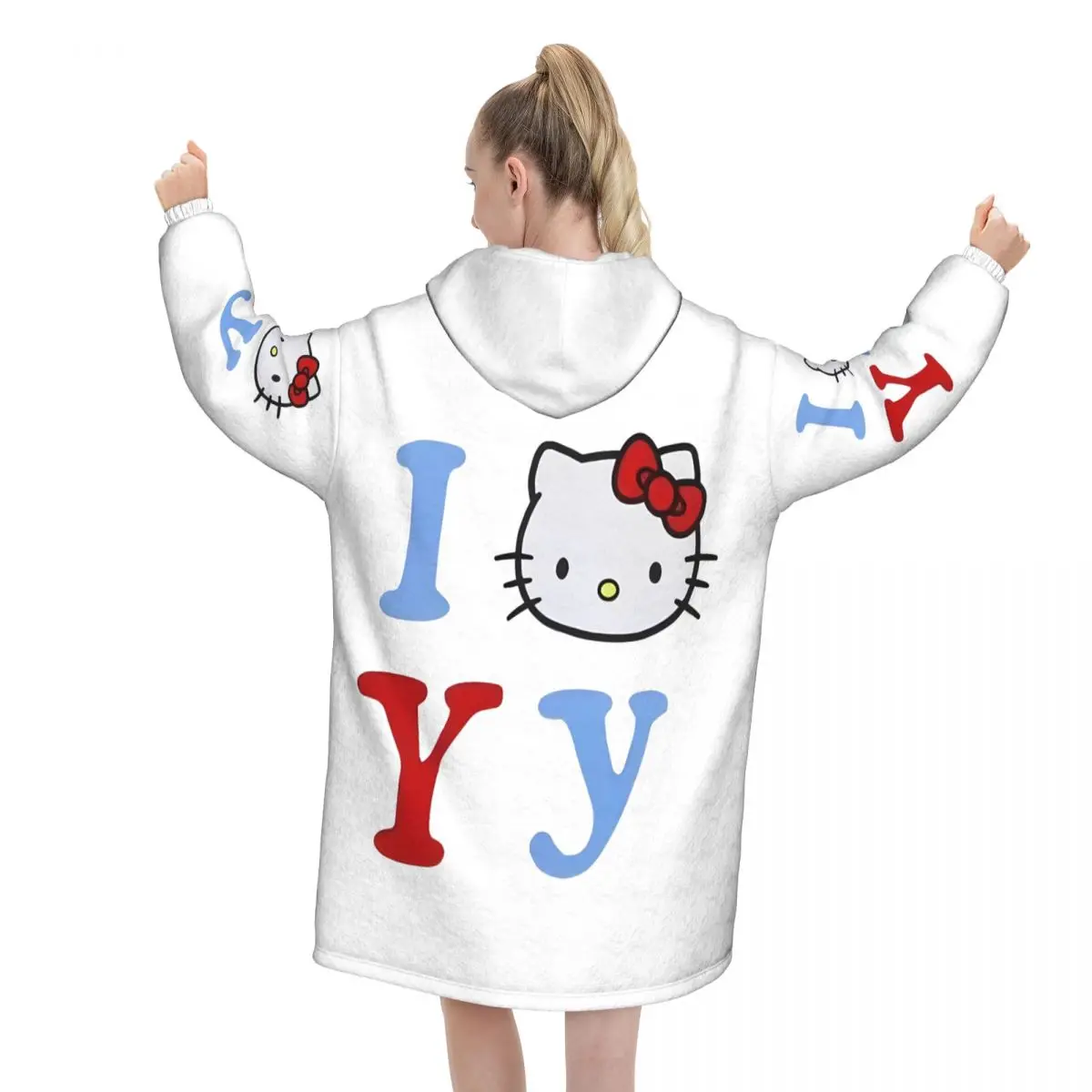 Koc z kapturem Hello Kitty, koc do noszenia, oversize z kieszenią, ciepły śpiwór, miękki i przytulny onesie