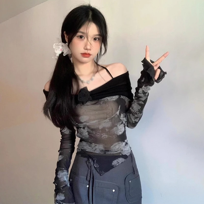 Women\'s Crop Top Korean Version Off Shoulder Tie-Dye Irregular Slim Sexy Fashion Mesh Sunscreen Long Sleeves Crop Top