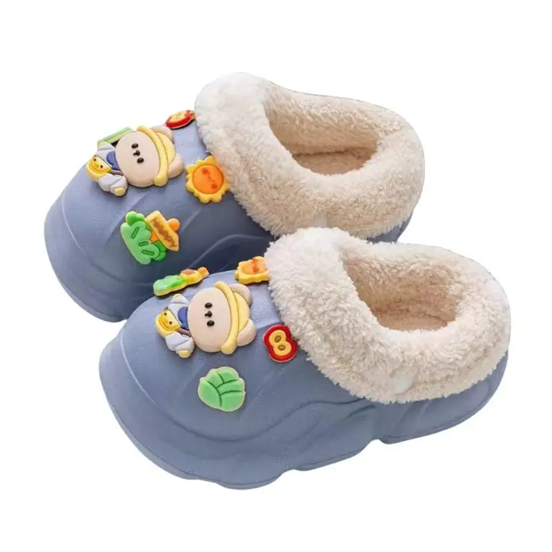 

Kids Winter Warm Slippers Fleece Lined Cotton House Shoes Cute Cartoon Animal Design Anti Slip Hole Shoes Unisex Toddler Big Kid