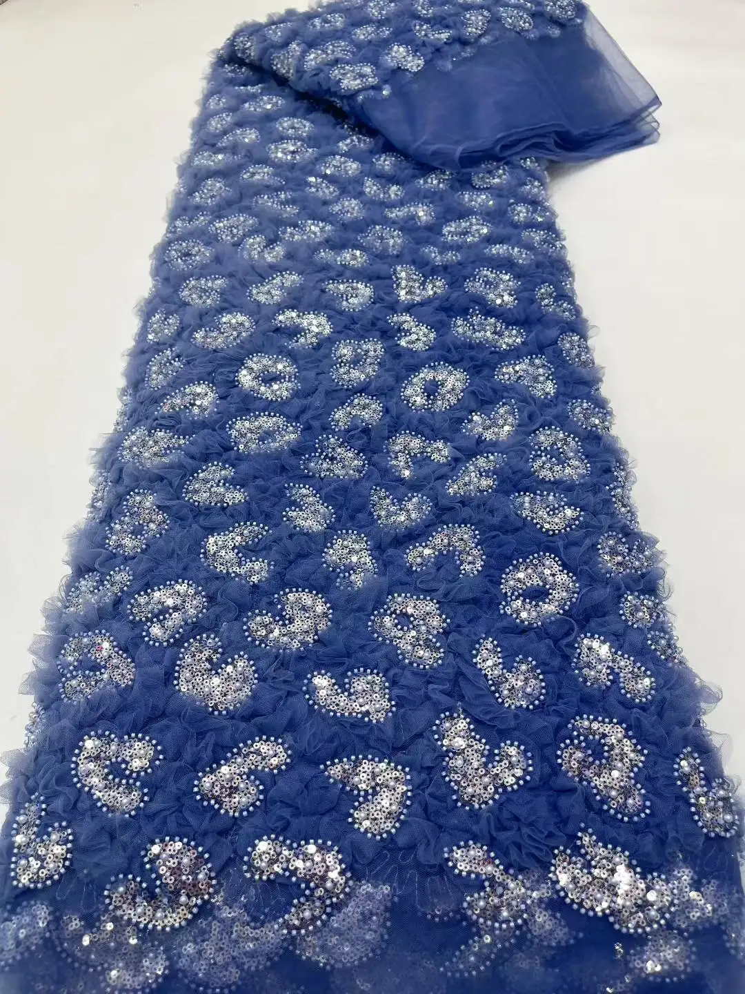 

Blue African Lace Fabric 2025 High Quality French 3D Flower Sequins Embroidery Beads Tulle Lace Fabric for Party Dress