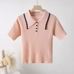 Ice Shreds Knitted 2024 Summer New Women's Polo-Neck Button Pullovers Elegant Slim Sweet All-match Short Sleeve Work Wear Tops