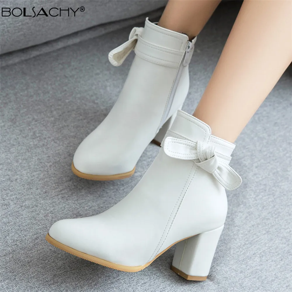 2024New Women Side Zipper Bow Мартин Cапоги Comfortable Mid Heel Ankle Boots Fashion Shoes Black White Square Heel Chelsea Botas