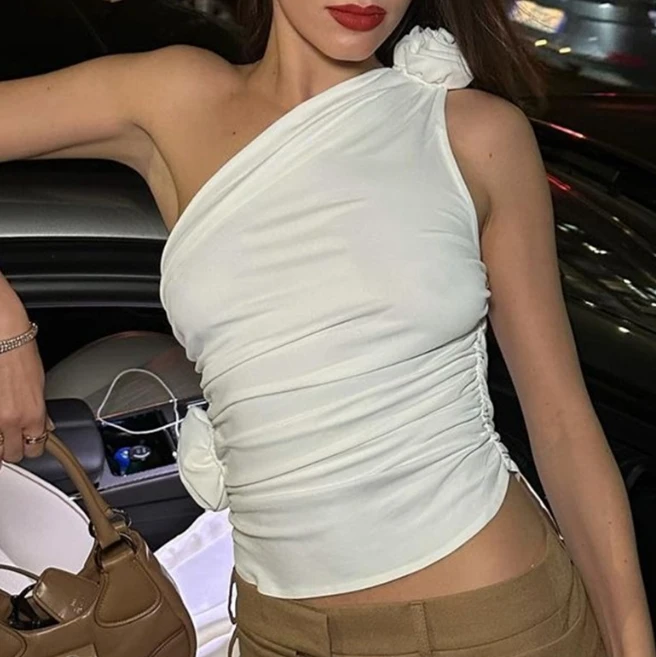 

Summer Women's Tank Top Sexy Spicy Girl Solid Color Ruched Diagonal Shoulder Patchwork Flower Decoration Slim Fit Tank Top