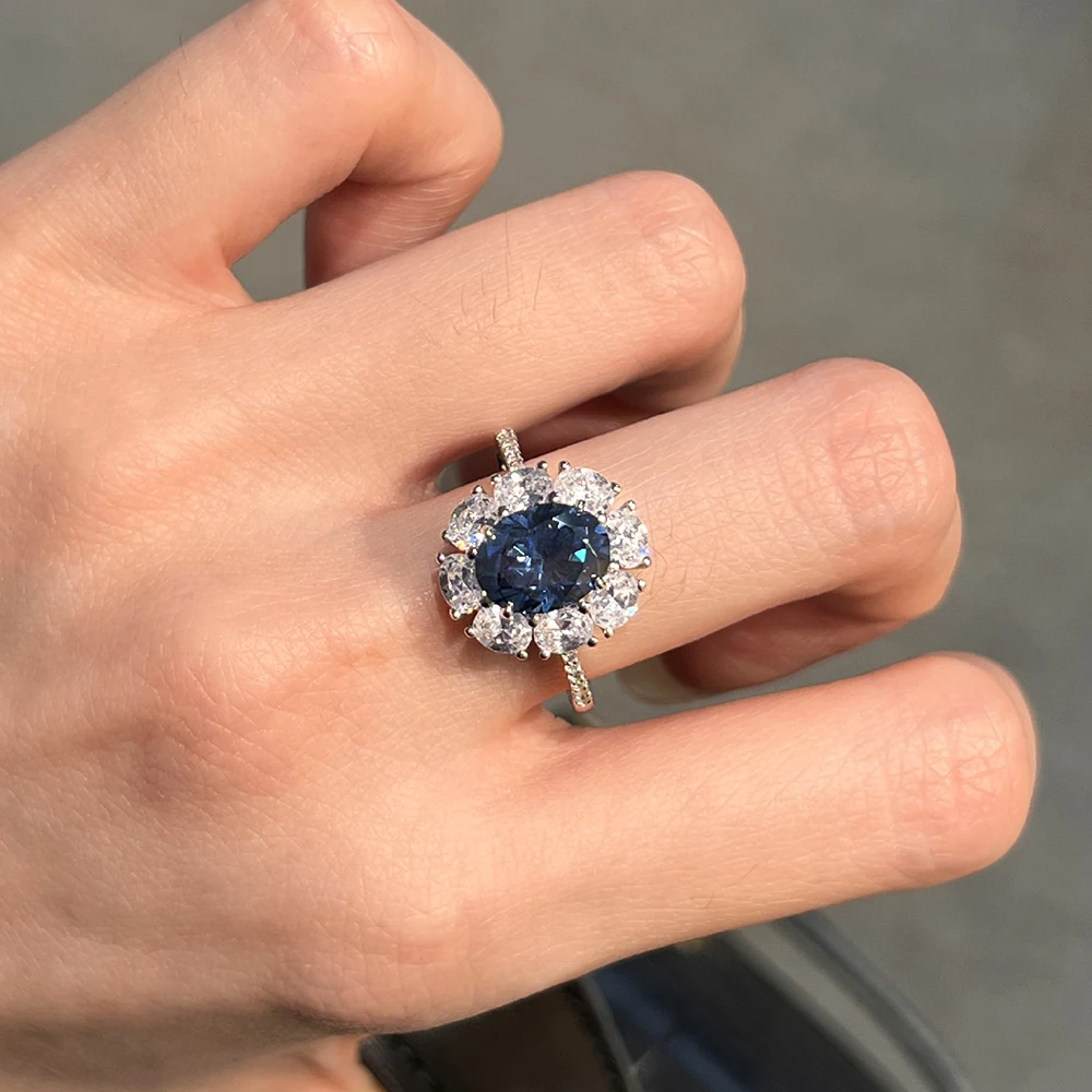 2CT oval cut blue moissanite ring S925 silver halo wedding ring promises jewelry gifts for women.