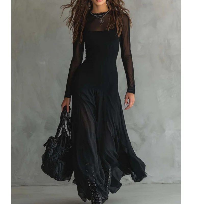 

Mesh Patchwork Long-Sleeve Dress, Slim-Fitting, Figure-Flattering, Large Hem, Fishtail Long Stylish And Evening Parties
