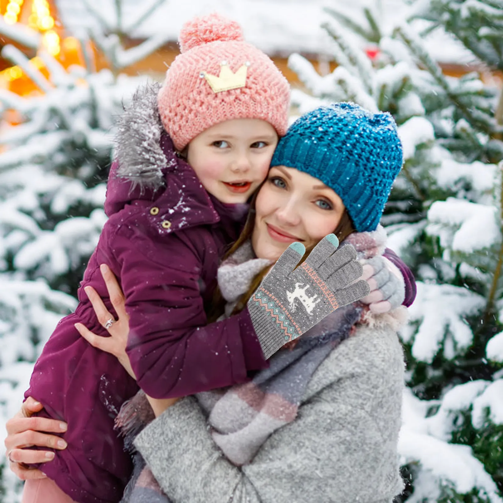 

2 пары детских вязаных перчаток с длинными пальцами, зимние теплые перчатки с рисунком оленя, однотонные синие, рождественские детские перчатки, аксессуары