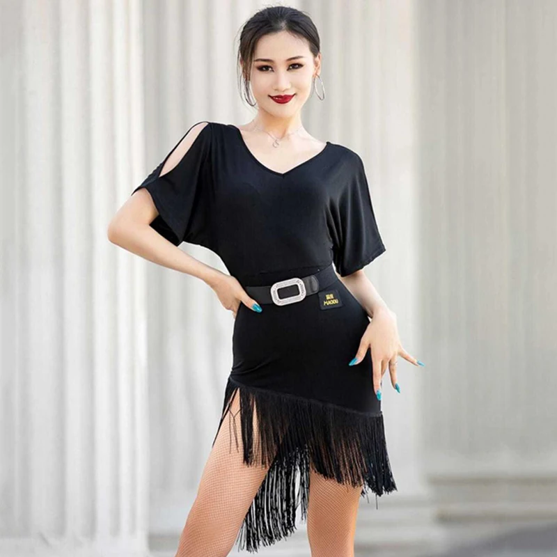 Latin Dance Dress Female Adult Ballroom Rumba Tassel Training Dancewear with Belt Sexy Backless Hollow Out Professional Costume