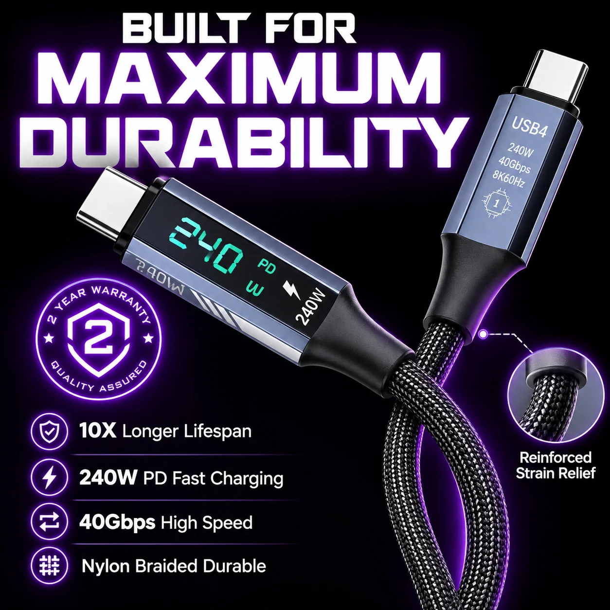 240W Real-Time LED Power PD3.1 Fast Charging 40Gbps Data 8K60Hz Digital Display Type C For iPhone 15 16 17 Tablet Laptop