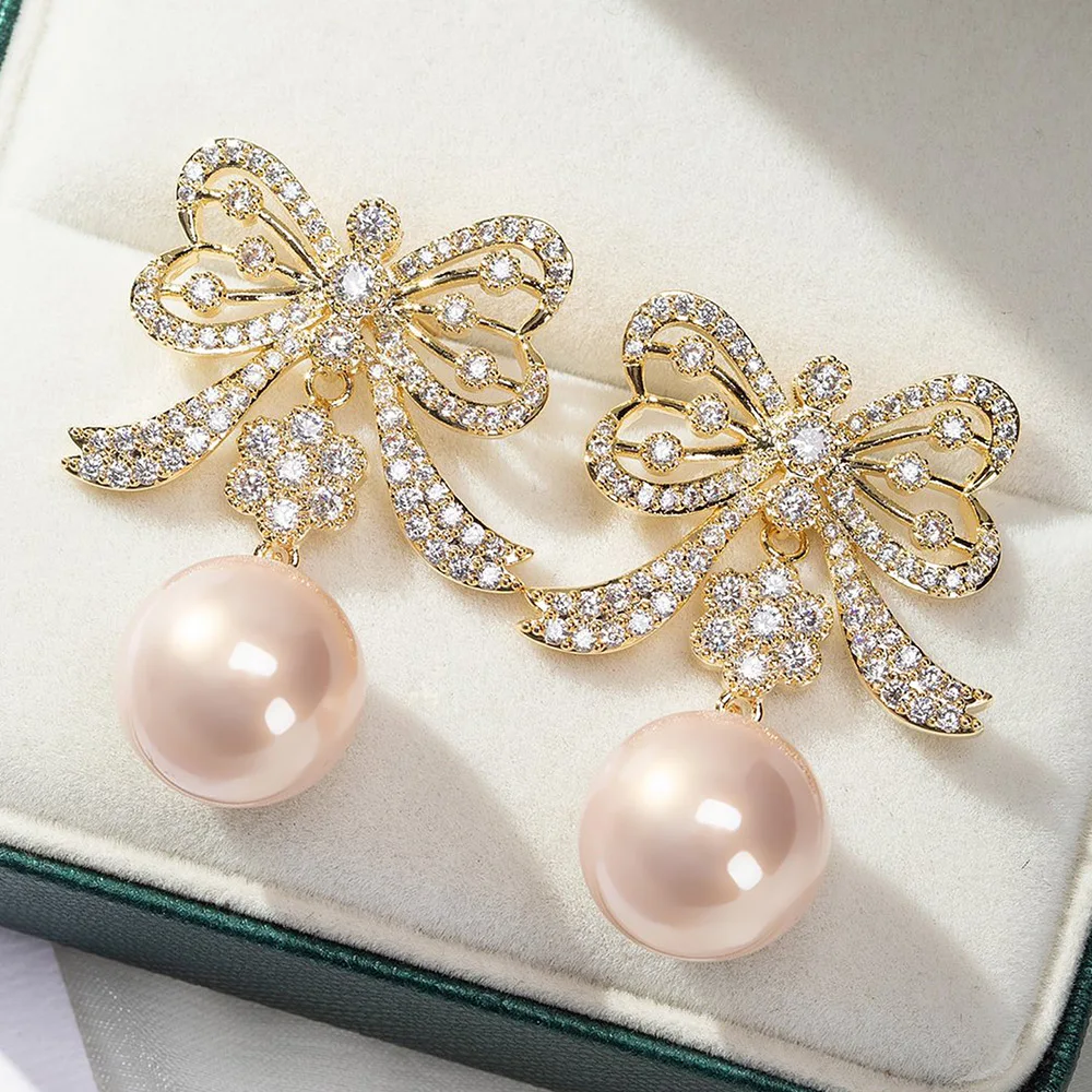 

Missvikki Rhinestone Bowknot Pearl Earrings Party Accessories Fashion Shiny Large Crystal Statement Earrings Wedding Jewelry