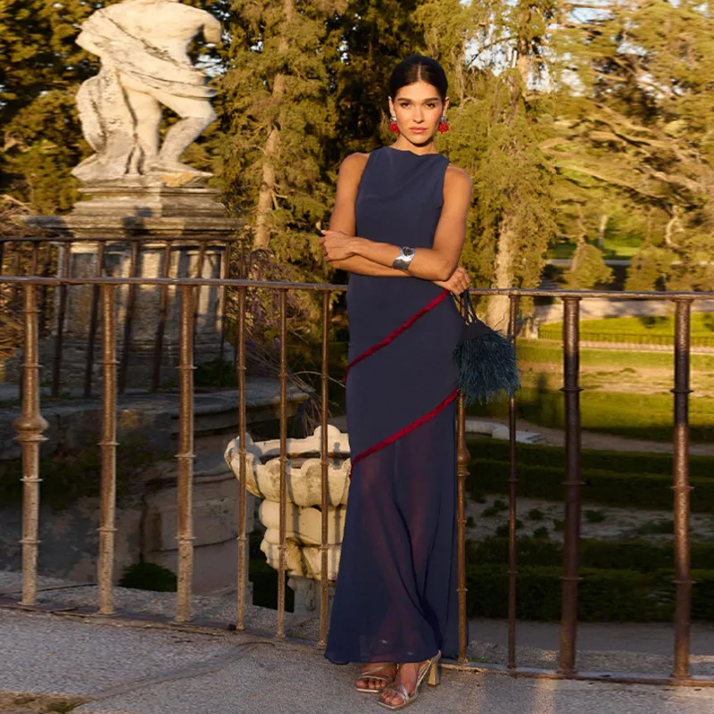 Robe mi-longue sans manches pour femmes, élégante, dos nu, Sexy, moulante, maille, Patchwork, haute rue, longue, fente haute, Chic