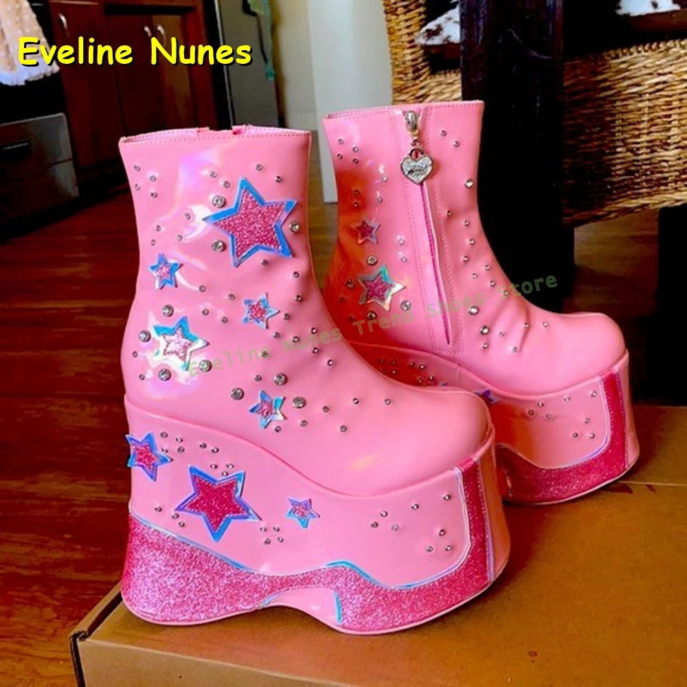 Pink Wedge Star Pattern Y2K Punk Boots Round Toe Platform Mixed Colors Metal Rivet Patchwork Subculture Style Mid-Calf Boots