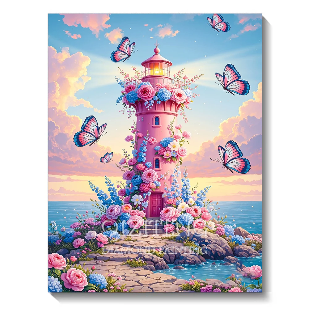Peinture Diamant 5D DIY Paysage Rose, Phare de Bord de Mer, Papillons, Mosaïque de Diamants Ronds et Carrés, Artisanat d'Art pour la Maison