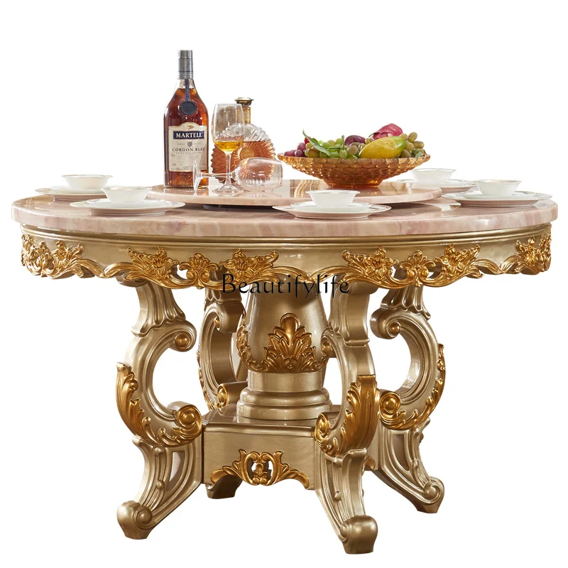 

European marble dining table noble gold dining room with turntable household solid wood round table