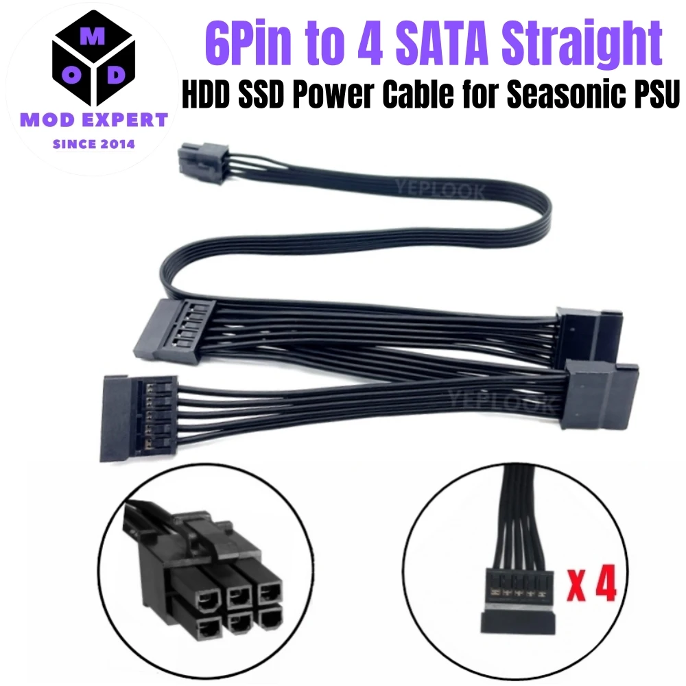 

6Pin to 4x SATA Straight HDD SSD Power Cable for Seasonic Prime SnowSilent 750W Titanium, 650W Platinum, 550W Gold Modular Power