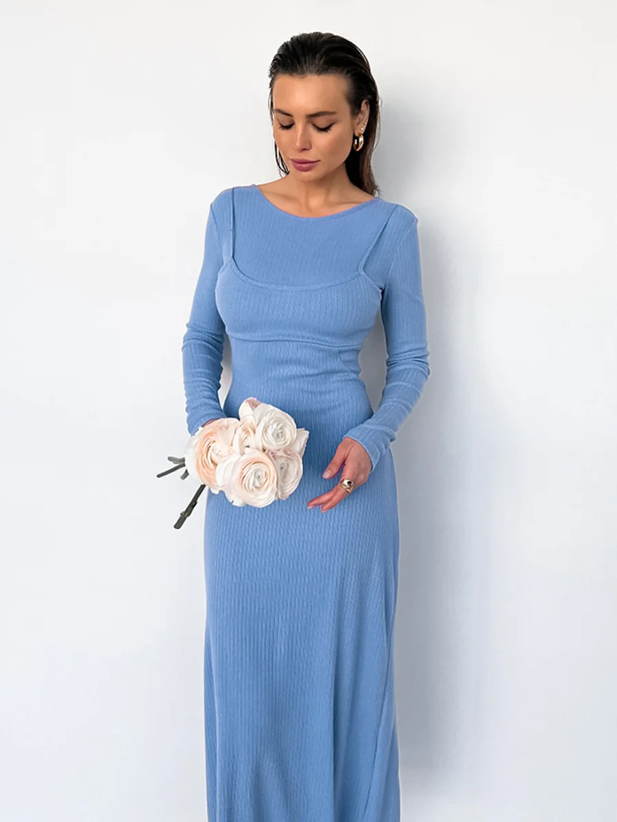 

French Blue Ribbed Knit Long Sleeve Dress For Women New Slim Fake Two Pieces Long Dress O-neck Slit Elegant Femme Vestidos