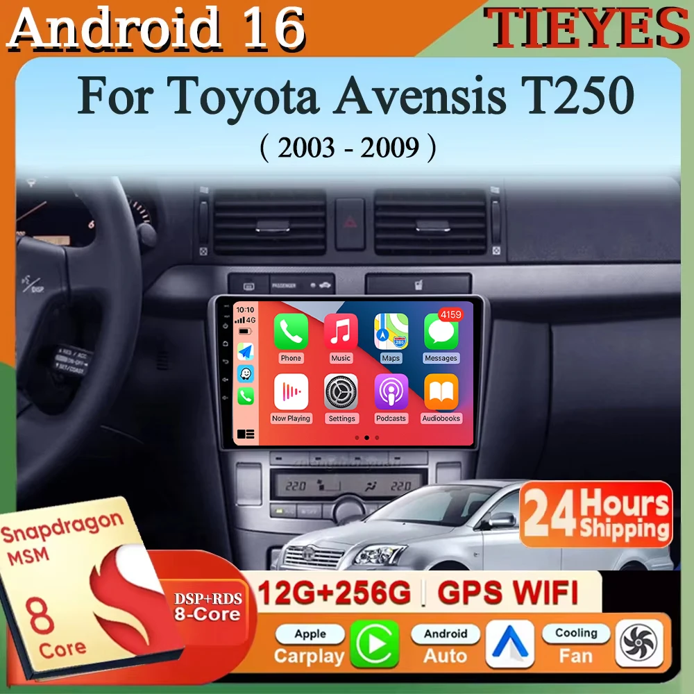 Android 16 Carplay&Auto Car Radio Navigation Multimedia Stereo Player QLED GPS For Toyota Avensis T250 2 II 2003 - 2009