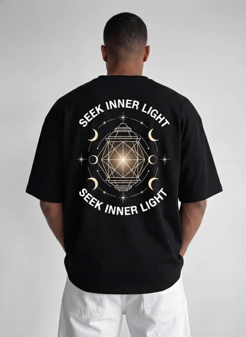 

Black Geometric Lantern Back Graphic Tee with Moon Phases, Stars and Glowing Gem Print Printed Tee Casual Wear Unisex Top