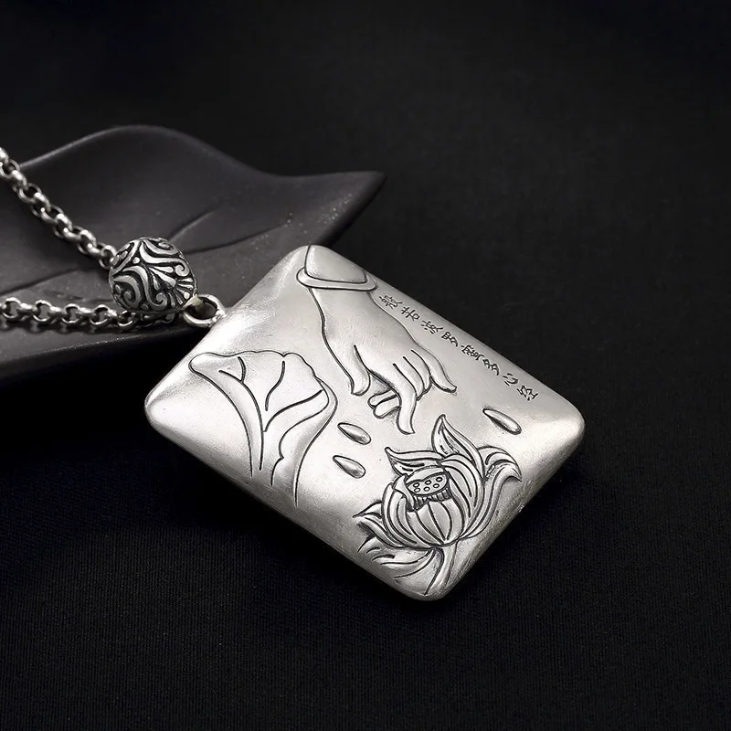 Classics 925 Silver Hollow Heart Sutra Square Men's Pendant Charms Simple Retro Necklaces Banquet Accessories Jewelry