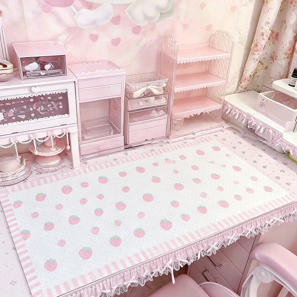 PU Leather Desk Pad Protector Pink Strawberry Polka Dots Stripe Kawaii Y2K Girl Mouse Extension Pad Office Desk Mat Desk Blotter