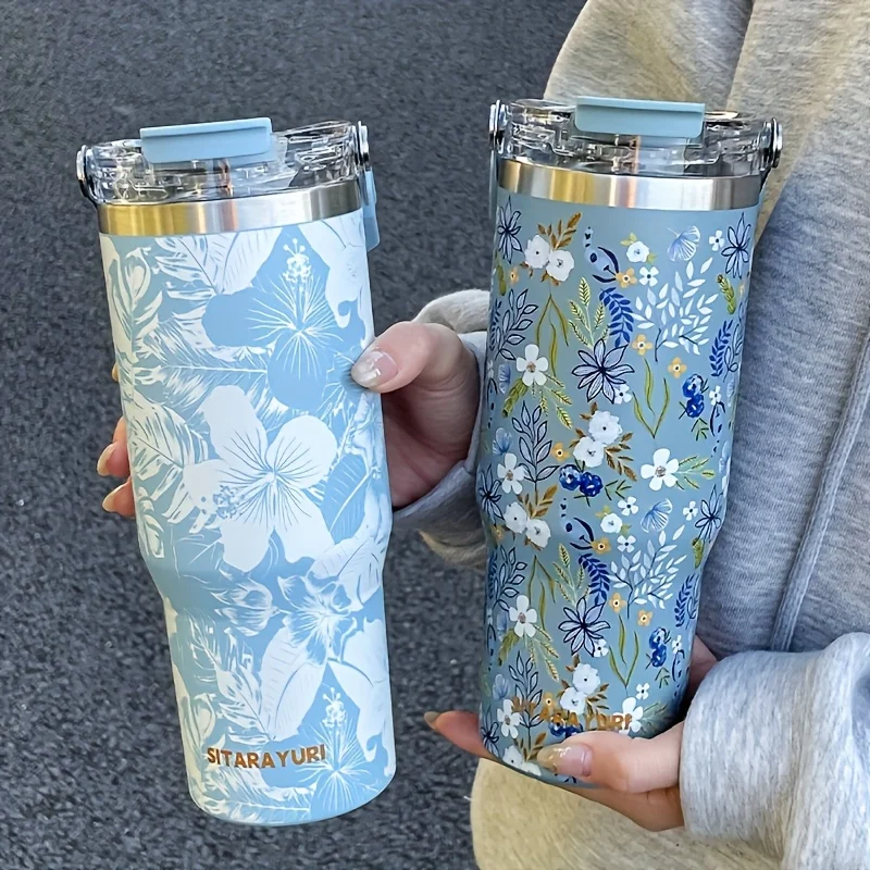 1pc Lightweight Luxury Floral Stainless Steel Thermos Flask 900ML Large Capacity Outdoor Water Bottle with Straw and Handle