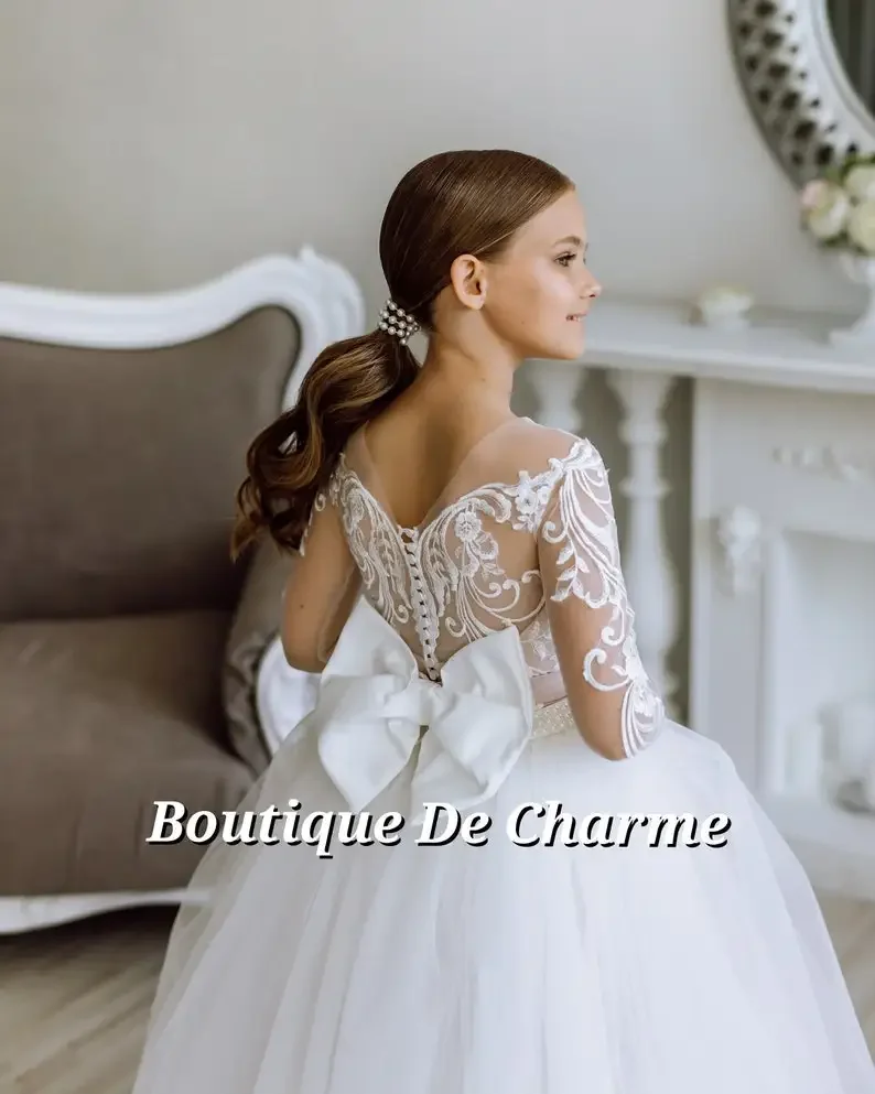 Pageant Dresses for Girls Princess Evening Party Dresses Lace Communion Dress Lace Tutu Flower Girl Dress White Tulle Rustic