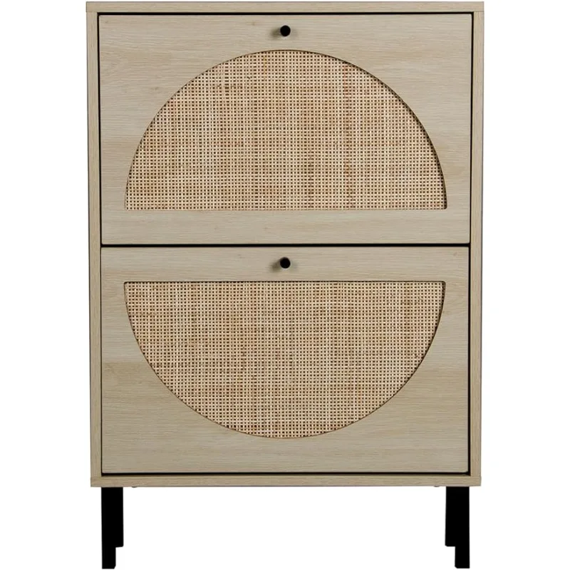 

Natural Rattan Shoe Cabinet with 2 Flip Drawers, Entrance Hallway Free Standing Shoe Racks with Metal Legs