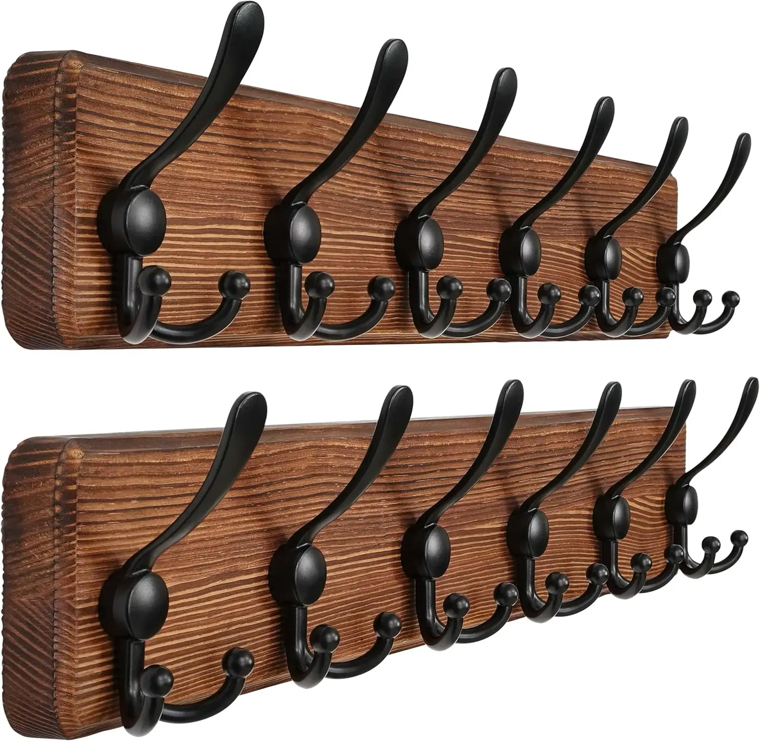 

24" Long Wall Mounted Coat Rack with 6 Heavy Duty Wooden Hooks, Natural and Black, Pack of 2 for Clothes and Jackets
